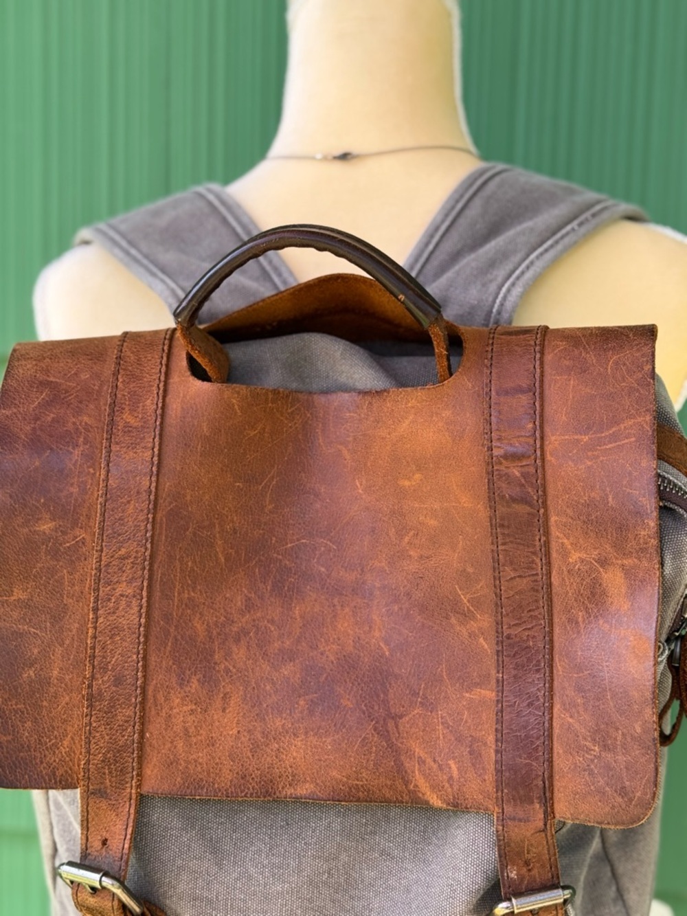 Canvas and Brown Leather Flap Shoulder Backpack - Picture 3 of 14